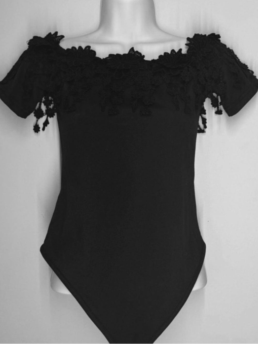 Firerie Black Off Shoulder Floral Lace Bodysuit S